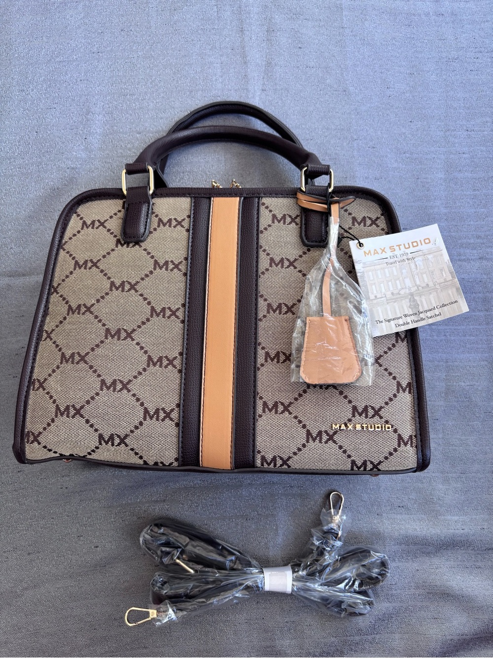 Max Studio Signature Print Jacquard Brown & Beige Handbag Purse Satchel NWT